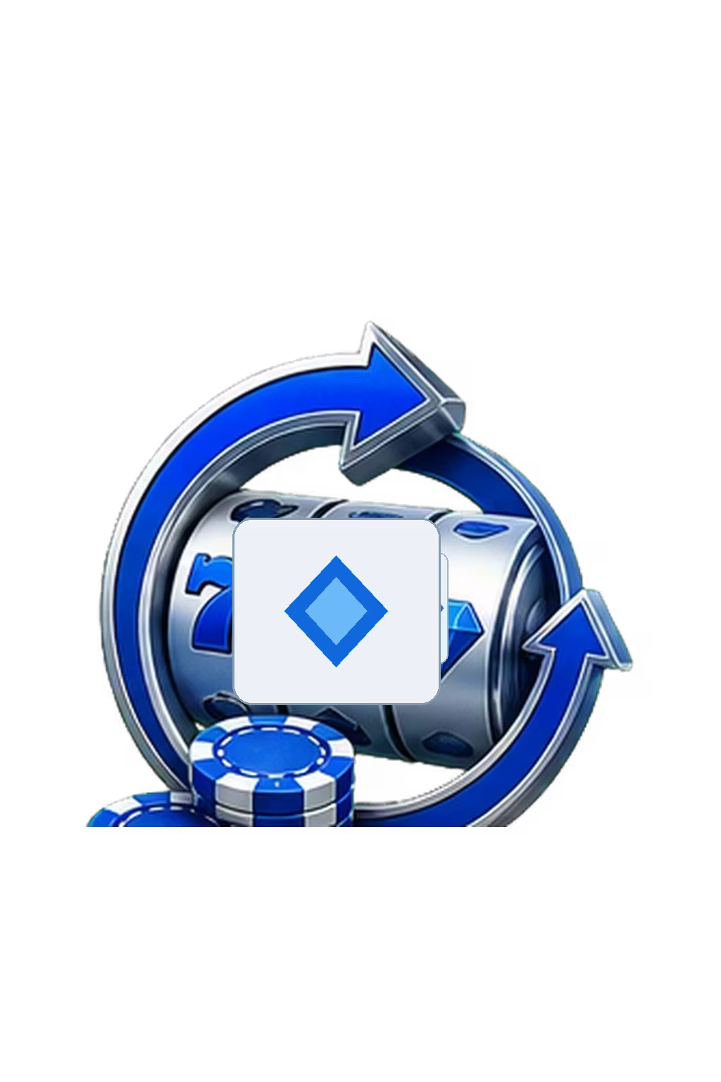 Blue slot reels with circular spin arrow and chips